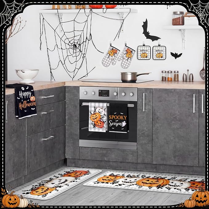 Fanfanwin 10 Pcs Halloween Pumpkin Kitchen Decor and Accessories Set Kitchen Towels Rugs Pot Holders Oven Mitts Set Halloween Decorations for Cooking Baking Housewarming Gifts