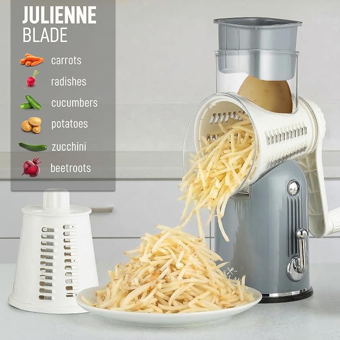 Zulay Kitchen Rotary Cheese Grater 5 Blade Cheese Shredder - Manual Hand Crank Cheese Grater With Reinforced Suction & 5 Interchangeable Drums - Easy to Use, Vegetable Chopper Round Mandoline Slicer