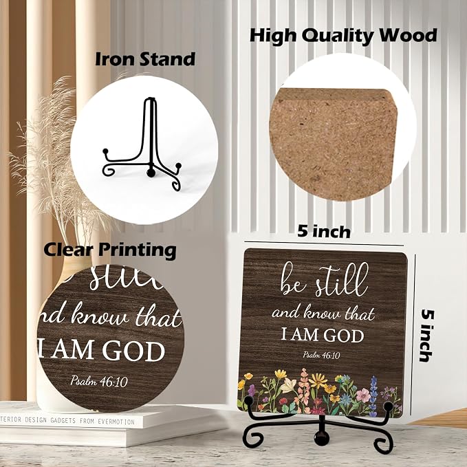 Inspirational Christian Desk Decor, Be Still And Know That I Am God Rutsic Sign, Desk Decorations For Office Home Living Room Bathroom, Eucalyptus Shelf Decor, Wooden Plaque With Stand (06)