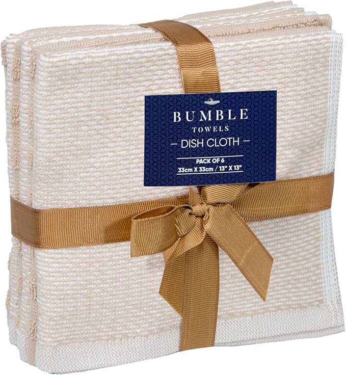Bumble Premium Dish Cloths 13"x13" (6 Pack) | 100% Natural Ring Spun Cotton | 400 GSM | Highly Absorbent & Soft |Yarn Dyed & Solid Dyed Terry Dish Cloth Set - Tan