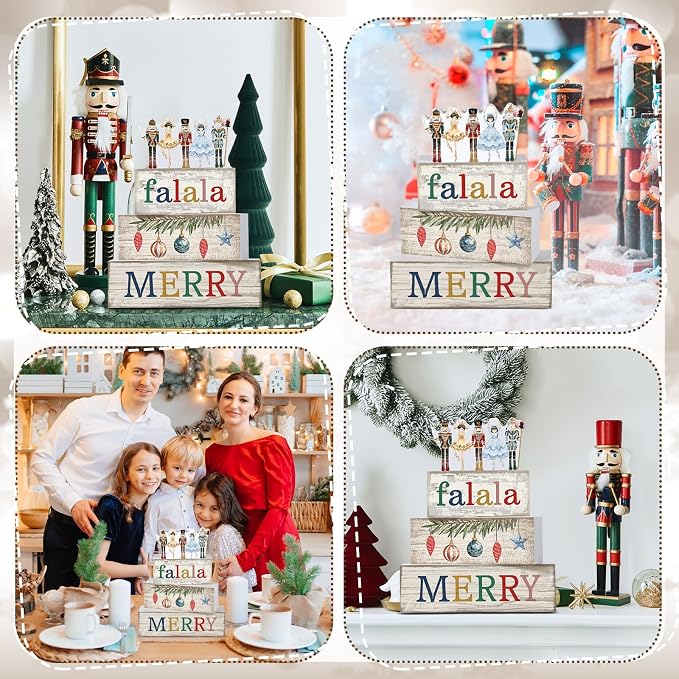 Lineshading 4 Pcs Wooden Nutcracker Block Signs Christmas Farmhouse Decor | Nutcracker Ballet Theme, 3-tiered Stackable Blocks, Rustic Wood Finish for Mantel Shelf Tabletop, Vintage Home Accents