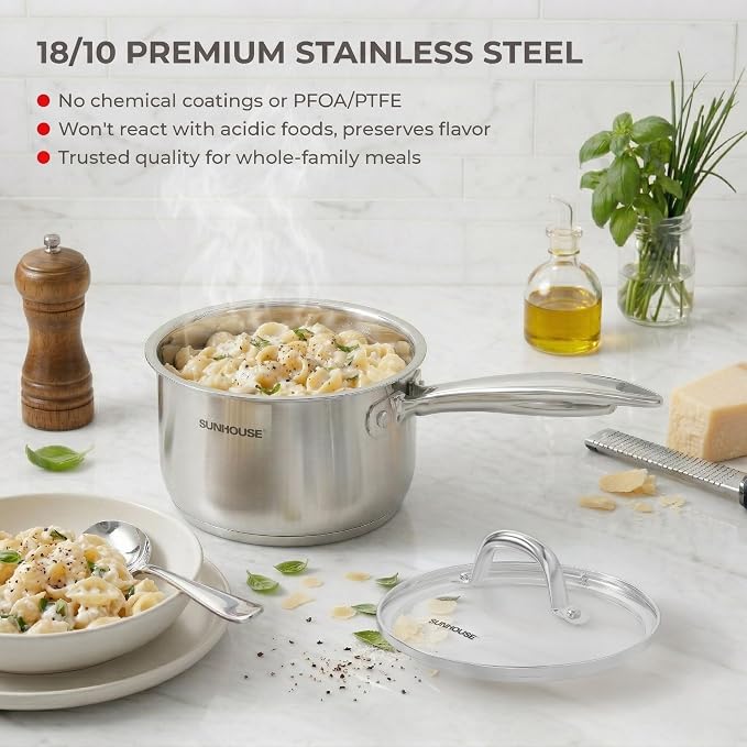 SUNHOUSE 2 QT Stainless Steel Saucepan with Lid, 3-Ply Small Sauce Pot | 18/10 Stainless Steel Pot For Cooking - Induction Compatible Milk Pan - PFOA Free, Oven & Dishwasher Safe Sauce Pan