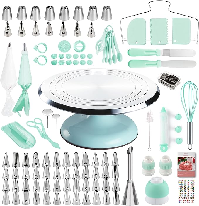 Cake Decorating Kit, 138pcs Cake Decorating Supply with Aluminium Cake Turntable, 64 Numbered Icing Piping Tips, 2 Spatulas, 3 Icing Comb Scraper and Leveller, 32 Piping Bags,cake decorating tool
