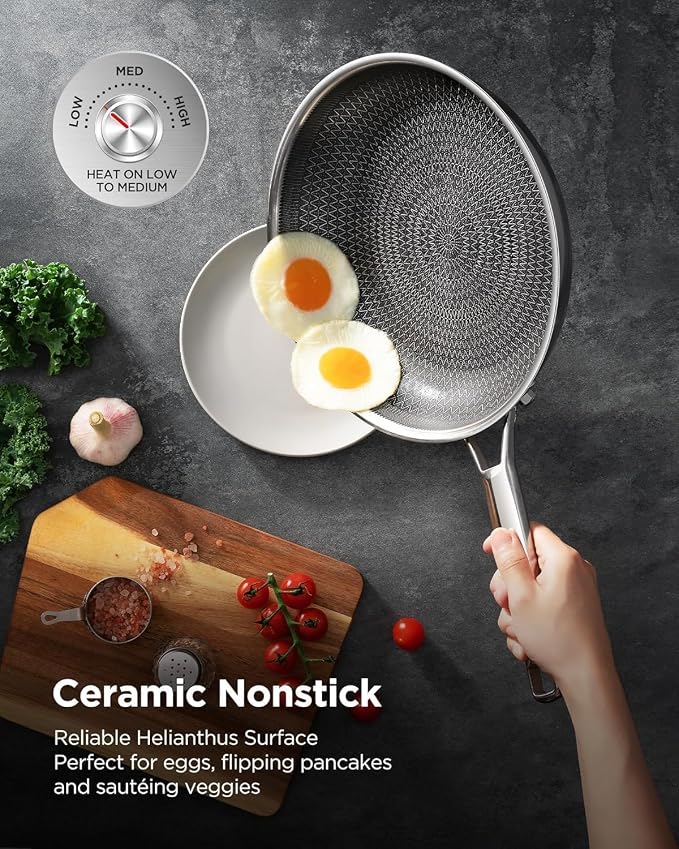 Roomena Non Stick Frying Pans Hybrid Ceramic With Lid, 12 Inch Tri-Ply Stainless Steel Skillet, Non-Toxic, PFAS/PFOA/PTFE Free, Metal Utensil Safe, Dishwasher & Oven Safe,Upgraded Design