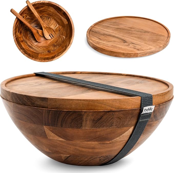 Large Wooden Salad Bowl Set 12.5 Inch with Serving Utensils, Tray Lid and Carry Strap. Acacia Wood Large Salad Bowls Ideal for Fruits and Dishes, Wooden Bowls for Food, Serving Bowl