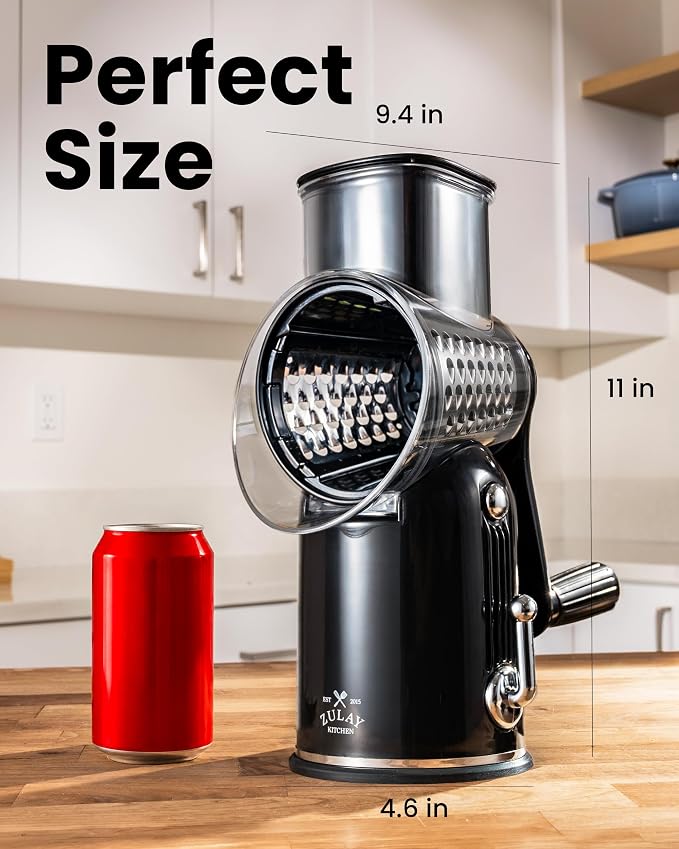 Zulay Kitchen Rotary Cheese Grater 5 Blade Cheese Shredder - Manual Hand Crank Cheese Grater With Reinforced Suction & 5 Interchangeable Drums - Easy to Use, Vegetable Chopper Round Mandoline Slicer