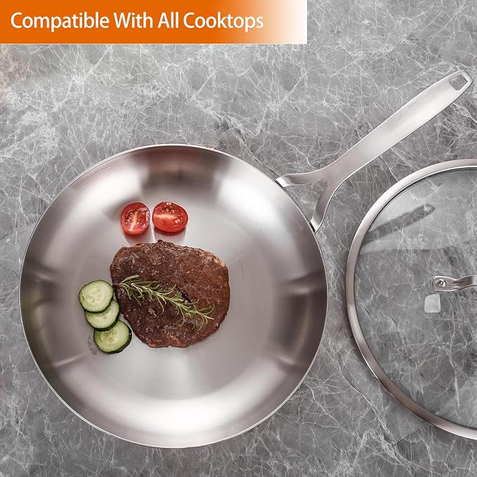 DELARLO Tri-Ply Stainless Steel Frying Pan Set 8" 10" 12" With Lid skillets | Stainless Steel Pan Cooking Heat fast and evenly Compatible with All Cooktops Dishwasher and Oven Safe