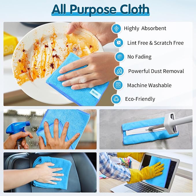 Blue Microfiber Cleaning Cloth -Pack of 8, Highly Absorbent Cleaning Rags, 16"X12" All Purpose Cleaning Towels for Housekeeping, Kitchen, Car, Lint Free and Reusable Microfiber Towels