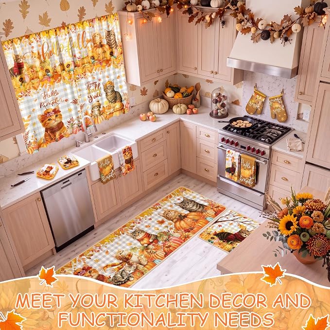 13 Pcs Fall Kitchen Decor Set, Cute Cat Themed Kitchen Towels, Cats Non Slip Floor Mats, Curtains and Valance, Pot Holders Oven Mitts, Home Decoration Gift for Cooking Baking
