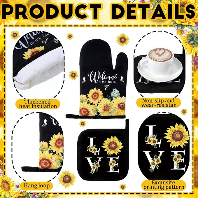 Fourluoo 10 Pcs Sunflower Kitchen Dish Towels Rugs Oven Mitts and Pot Holders Set Farmhouse Kitchen Decor Set for Women Mom Daughter Gift Cooking Baking Grilling (Bright Black Yellow)