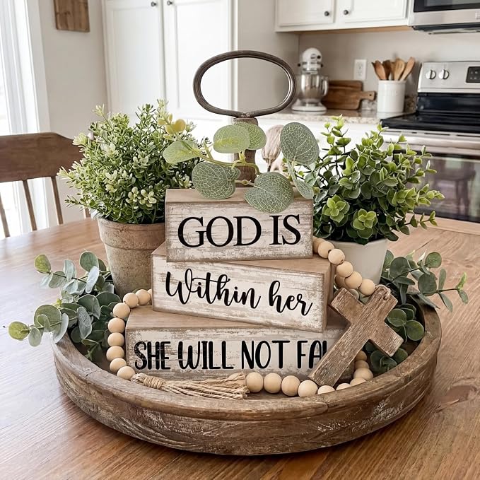 Lineshading 4 Pcs Wooden Blocks Christian Faith Signs for Women Home | Bible Verse Blocks, Rustic Stacked Design, Desk Tiered Tray Decor, Farmhouse Gifts Women, Inspirational Home Accents