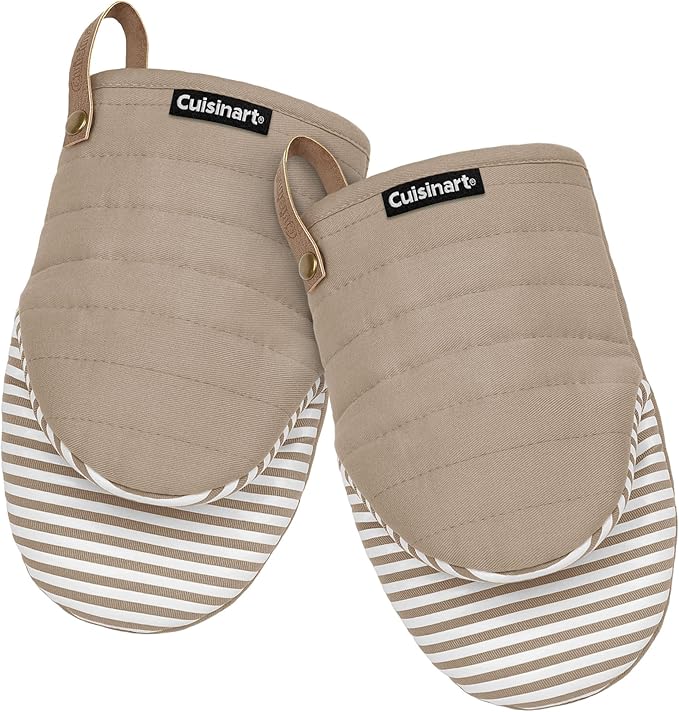 Cuisinart Mini Oven Mitts, 2-Pack 5.5"x8", Printed Silicone, 450F | Non-slip grip stripes, faux leather hang loop, cotton lining for comfort, ambidextrous for baking, cooking, and cast iron