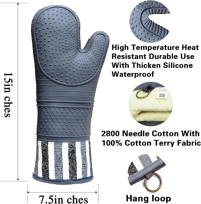 Heat Resistant 550 Degree Oven mitt, Silicone Oven Hot Mitts - 1 Pair | Extra Long Professional Baking Oven Gloves - Food Safe,Pot Holders Cooking,Grilling,Kitchen (Grey Mittens)