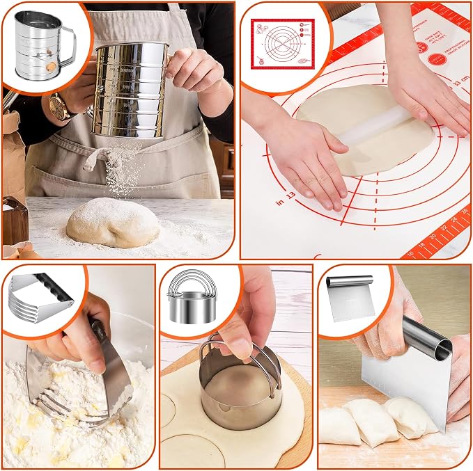 9PCS Stainless Steel Pastry Blender Set, 3 Cup Flour Sifter, Biscuit Cutter, Pastry Cutter, Dough Cutter, Silicone Baking Mats, for Cooking Cookies and Donuts, Cakes, Biscuits or Making Pancakes