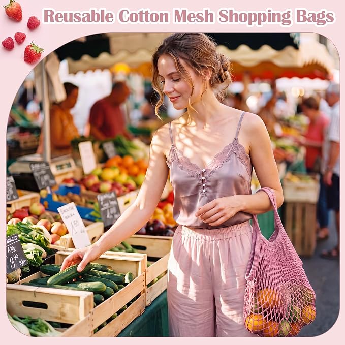 Woanger 24 Pcs Pink Short Handle Reusable Cotton Mesh Produce Shopping Bags Washable Grocery Net Portable Fruit and Vegetable Cotton String Bags Net Tote Organizer