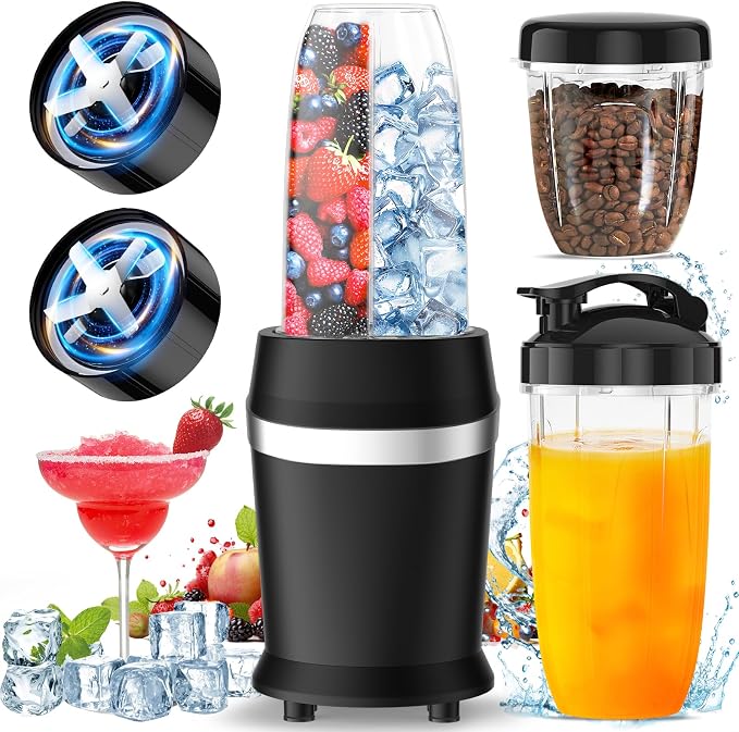 Colarlemo 1200W Smoothie Blender, Personal Kitchen Blender, Ice Crushing | 25000 RPM, Dishwasher Safe, 12Pcs, 6-Leaf Blade×2, 3 Cup Sizes, Smoothie Maker Grinder Frozen Drinks Nuts, Sand Black