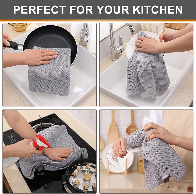 Kitinjoy 100% Cotton Waffle 4-Pack Kitchen Towels, 13" x 28", Light Grey | Super Soft, Ultra-Absorbent, Fast Drying, lightweight, Quick Drying Kitchen Hand Towels