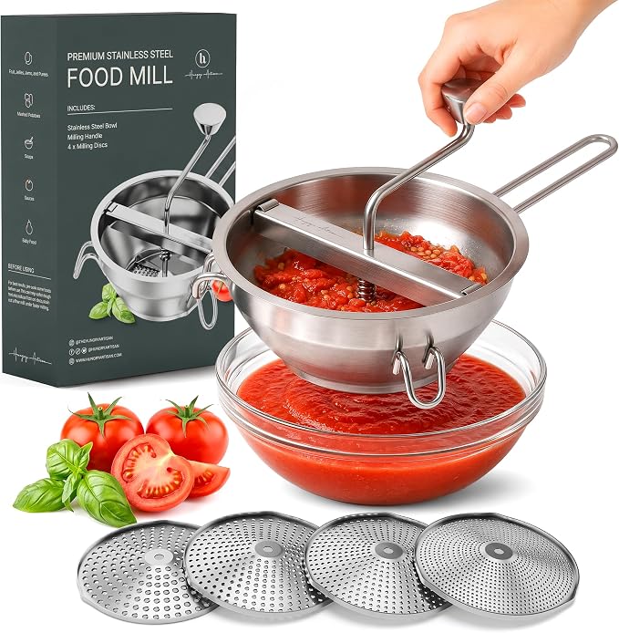 Hungry Artisan 4-Disc Food Mill for Jams, Purees & Silky Sauce | Stainless steel, ergonomic rotary crank; also for tomato sauce, canning, applesauce, baby food, berries & mashed potatoes