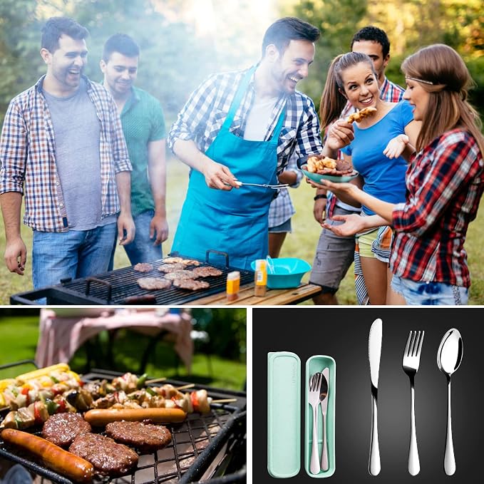 SAOSHYPEI Portable Cutlery Set with Case, 4-Piece Stainless Steel, Silver | Reusable fork, spoon and knife set for work lunch, lunch bags, picnic, camping and travel; dishwasher safe.