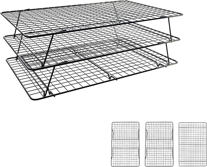 Cooling Rack 16"x10", 3-Tier Stackable & Collapsible Cooling Racks | Cooling Racks for Cooking and Baking, Roasting, Grilling, Oven & Dishwasher Safe (Black, 3-Tier-SL)