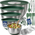 Stainless Steel Mixing Bowls with Lids Set, Metal Nesting Bowls with Airtight Lids, Graters, Non-Slip Base & Measurement Marks, Includes Utensil Set for Prep, Baking & Storage, Green