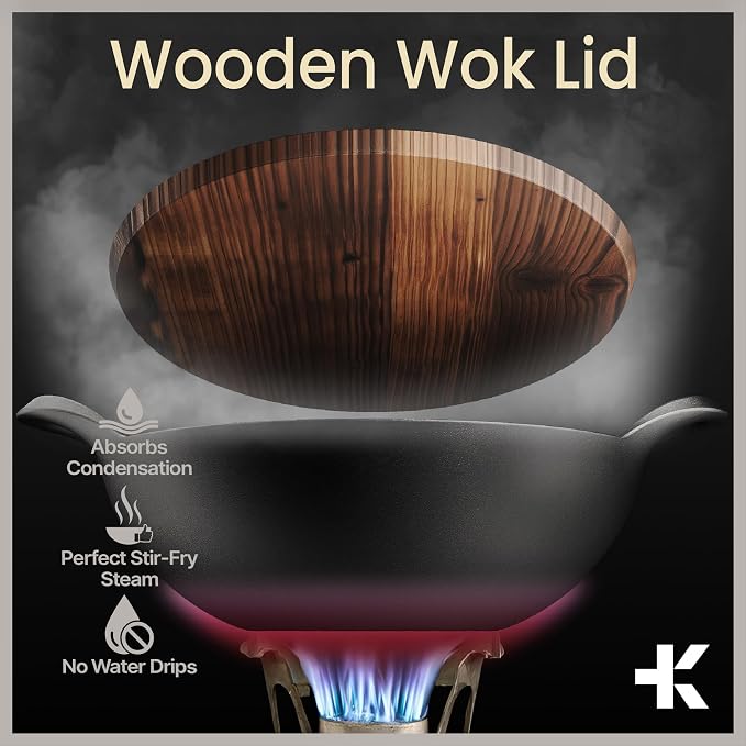 Bakken Pre-Seasoned Cast Iron Wok with Wooden Lid, 14" Stir Fry Pan for Gas, Electric, Induction & Open Fir, Heavy-Duty Flat Bottom Wok with Dual Handles for Even Heating & High-Heat Cooking, 8.8 lbs