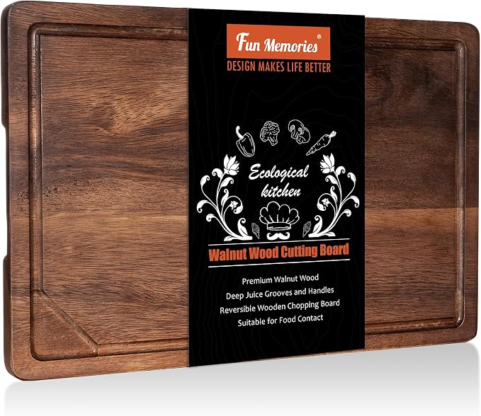 Fun Memories Black Walnut Cutting Board for Kitchen, Reversible Large Butcher Block Cutting Board Carving Board with Juice Groove & Concealed Handlers, 17"x11" (Gift Box)