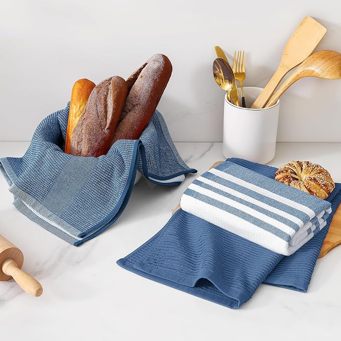 Homaxy Cotton 380 GSM Premium Kitchen Towels, 18"x 28", 9 Pack, Navy Blue | Soft and Absorbent Terry Dish Towels, Multipurpose Tea Towel Set with Hanging Loop, 3 Styles Kitchen Hand Towels