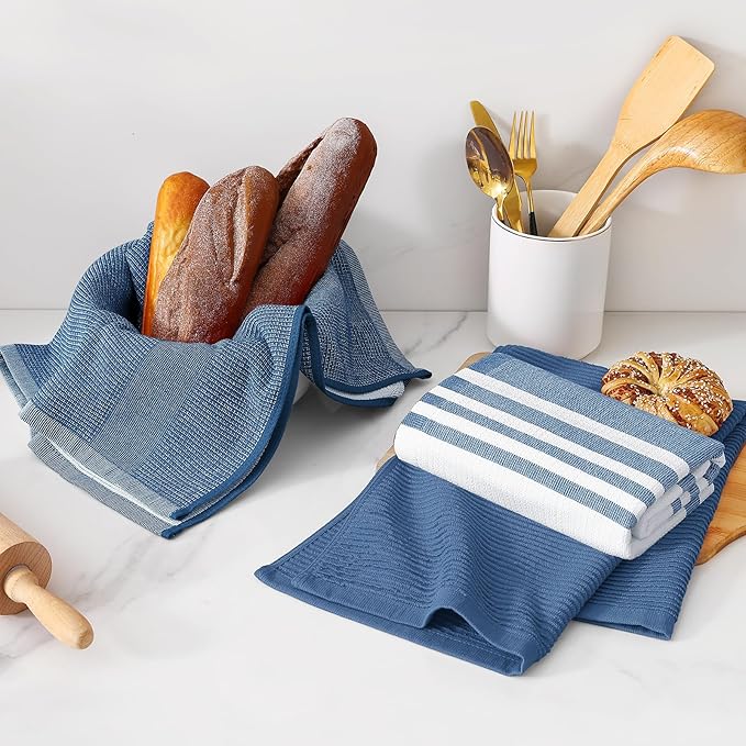 Homaxy Cotton 380 GSM Premium Kitchen Towels, 18"x 28", 12 Pack, Navy Blue | Soft and Absorbent Terry Dish Towels, Multipurpose Tea Towel Set with Hanging Loop, 3 Styles Kitchen Hand Towels