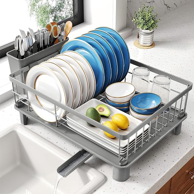 SNTD Dish Drying Rack for Small Kitchen Counter, 12.9" W x 16.9" L, Grey | Space Saving, Rotating Spout & Angled Drainboard for Quick Drainage, Stainless Steel, Removable Utensil Holder