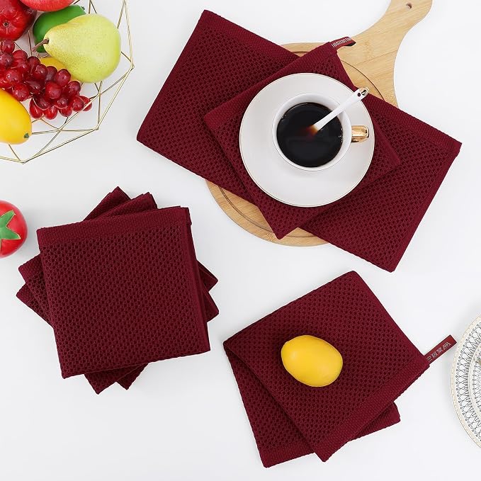Homaxy 100% Cotton Waffle Weave Kitchen Dish Cloths 24-Pack, Burgundy | 12 x 12 Inches, Ultra Soft Absorbent Dish Towels, Quick Drying Dish Rags with Hanging Loop