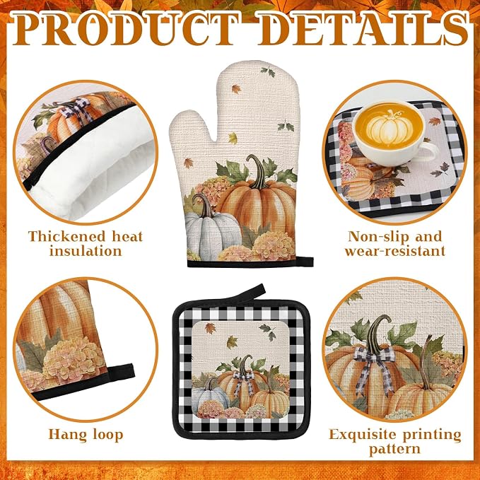 Fanfanwin 10 Pcs Fall Pumpkin Kitchen Decor Set Kitchen Towels Pot Holders Oven Mitts and Rugs Set Pumpkin Flower Decorations for Baking Cooking BBQ Autumn Home Housewarming Gifts
