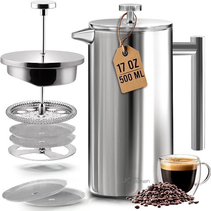 Utopia Kitchen 304 Grade Stainless Steel French Press 17 Oz, Silver | Double Wall Insulated Coffee Press with 4-Level Filtration System, Include 2 Extra Filters, Rust-Free, Dishwasher Safe