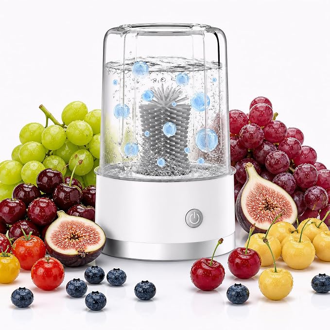 Electric Fruit Washer, Portable Fruit Cleaner Device with OH-Ion Technology | Produce Cleaner with 360° Rotating Silicone Brush & 3-Minute Cycle for Cherries, Grapes, Jujubes, Kumquats & Small Firm Fruit