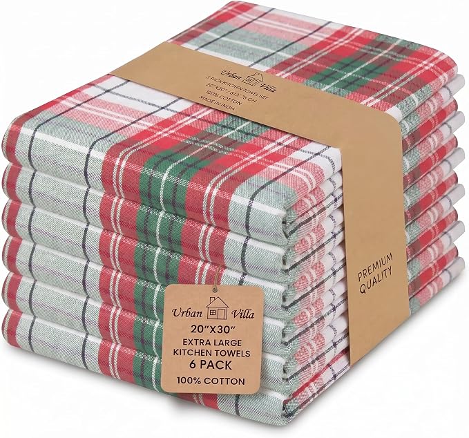 Urban Villa KitchenTowels Cotton DishTowels 20”x30”(Set of 6) Christ Check