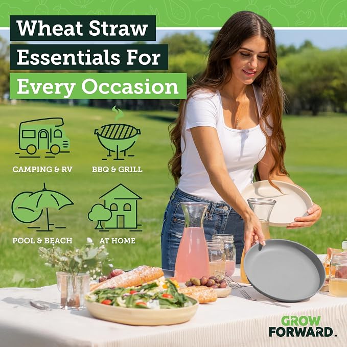 Grow Forward Premium Wheat Straw Plates and Bowls Sets - 8-Piece Wheat Straw Dinnerware Sets - Unbreakable & Reusable Microwave Safe Plastic Dinner Plates for Outdoors, RV, Camping Dishes - Moonlight