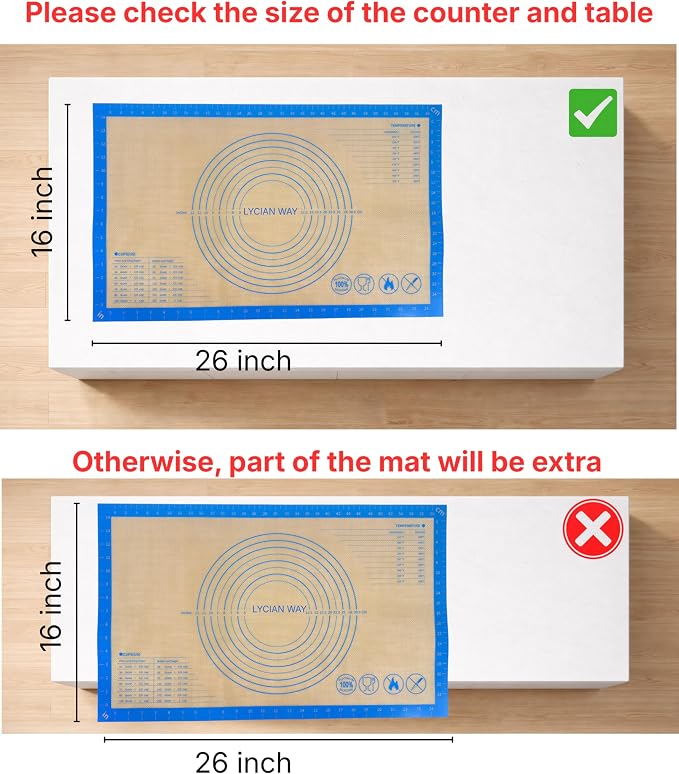 Silicone Pastry Mat with Measurements, 26 x 16 Inch Extra Thick Non-Slip Nonstick Large Baking Mat for Dough Rolling, Kneading, Fondant and Pie, Blue