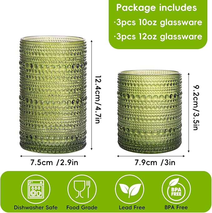 Moretoes Green Hobnail Drinking Glasses Set of 6,Glass Cups | 12 Oz Highball Glasses & 10 Oz Cocktail Glasses, Kitchen Bar Tumbler Glassware Set for Whiskey, Beer, Juice, Milk