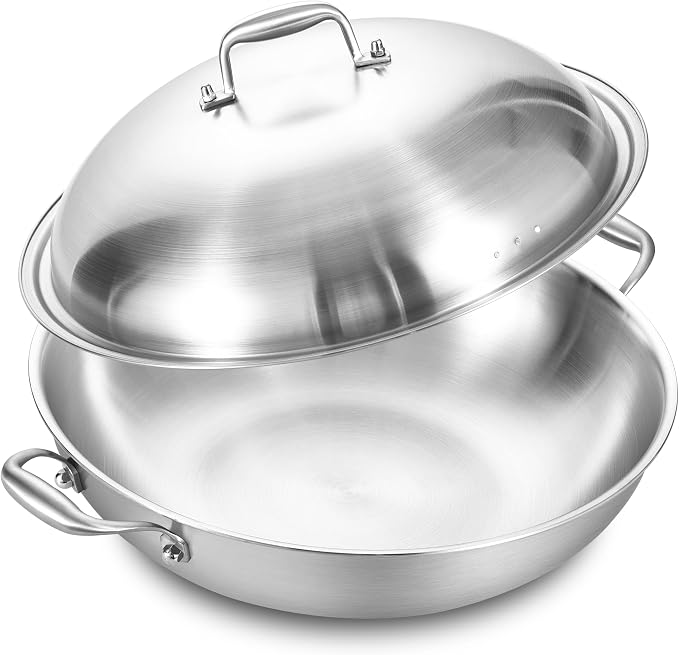 14.5 Inch Stainless Steel Wok with Steel Lid | Jumbo Cooker | Dual Handles | Large | Uncoated Tri-Ply Stir Fry Pan | Everyday Cooking Wok for Induction | Flat Bottom | PFOA-FREE | 6-8 Servings ﻿