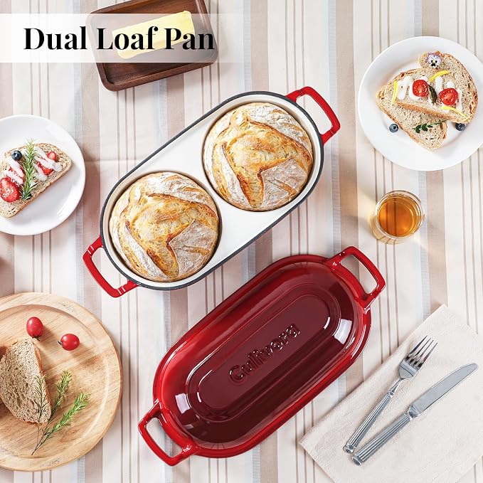 Cast Iron Bread Pan with Lid, Mini Enamel Sourdough Baking Dutch Oven Pot, Double Round Loaf Space for Homemade, Bread, Cake, Meatloaf, 16.5cm Diameter, 500°F Oven Safe, Non Stick, Red