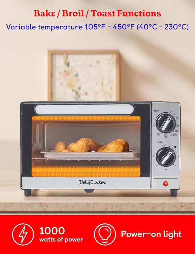 Betty Crocker 9L 2-Slice Toaster Oven, 1000 Watts, BC-5665B, Black/Silver | Chrome Plated Front, Stainless Steel Handle, Bake, Broil & Toast Functions, Easy Control Dials, Includes Baking Pan & Rack