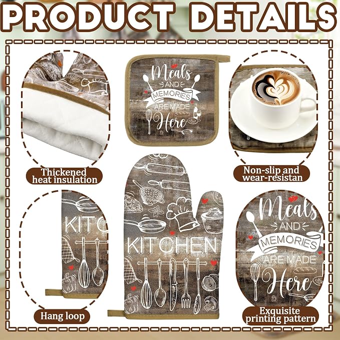 Fourluoo 10 Pcs Brown Kitchen Decor and Accessories Set Farmhouse Oven Mitts and Pot Holders Brown Dish Towels Kitchen Rugs and Mats for Home Decorations Baking Cooking Birthday Summer Gifts