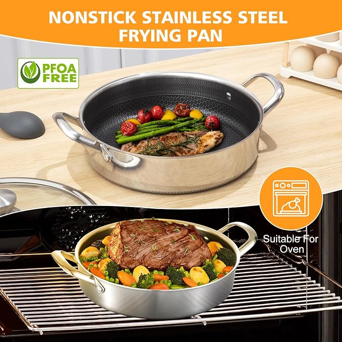 Toutrop Saute Pan,10 Inch Nonstick Deep Frying Pan,316L Stainless Steel Sauté Pan with Lid,Induction Cooking Pan,PFOA Free Cookware,Dishwasher & Oven Safe