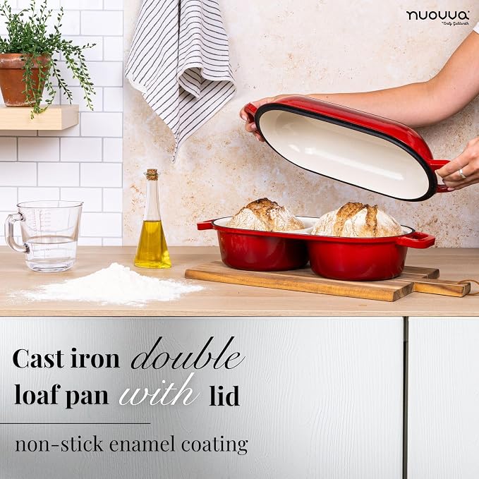 Dutch Oven For Sourdough Bread Baking – Enamelled Cast Iron Bread Loaf Pot – 500°F Oven Safe Non Stick Bread Pot – Double Round Loaf Space, 16.5cm Diameter, Red, – by Nuovva