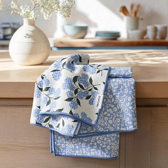 RECYCO Waffle Kitchen Towel Set of 2 - Quick Dry Microfiber Sustainable Dish Towels - Ultra Absorbent Reusable Cleaning Tea Towels - Lightweight Hand Towels,16”x 28”, Hydrangea Ball
