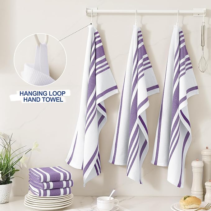 Homaxy Premium Cotton Stripe Kitchen Towels 6 Pack, 18"x 28", Purple | Large 380 GSM Kitchen Hand Towels, Soft Terry Dish Towels, Highly Absorbent Tea Towel Set with Hanging Loop