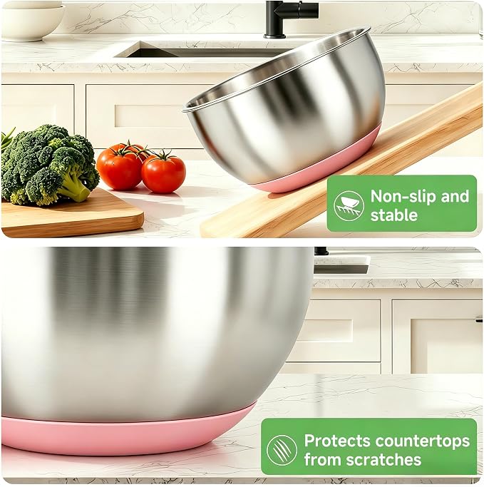 Mixing Bowls with Clear Airtight Lids, 3-Piece Stainless Steel Set, Pink | Silicone Vent Plug, Secure Seal Design, 1.5/3/5 QT, Dishwasher-Safe Lids, Non-Slip Base, Measurement Marks, Nesting Design