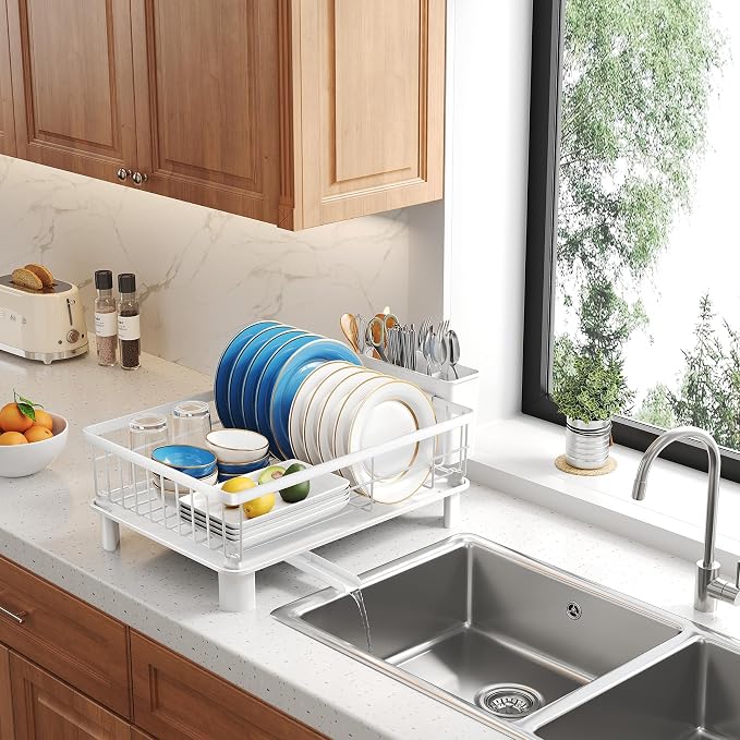 SNTD Dish Drying Rack for Small Kitchen Counter, 11" W x 15" L, White | Space Saving, Rotating Spout & Angled Drainboard for Quick Drainage, Stainless Steel, Removable Utensil Holder