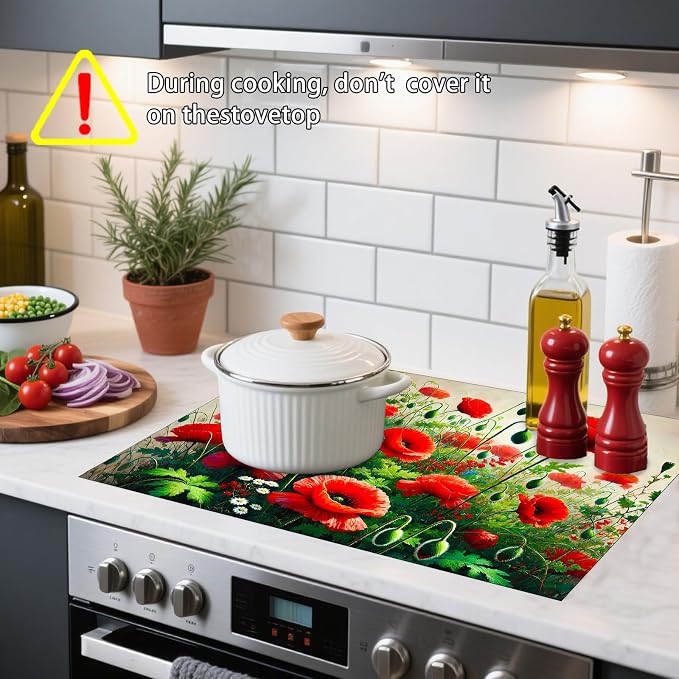 Nuxovilar Floral Accent Stove Cover Diatom Mud 28.35x20.47 In | Glass Protector Countertop Mat Counter Saver Cooktop Cover Kitchen Cooking Area Home (Floral Accent Design)