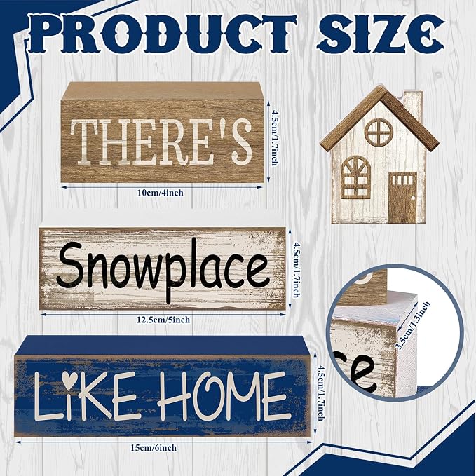 Lineshading 4 Pcs Wood Block Signs Farmhouse Tiered Tray Stacked House | Rustic Tabletop Signs with Winter Sentiment, Stackable for Shelf or Mantel, Seasonal Home Accent, Distressed Finish